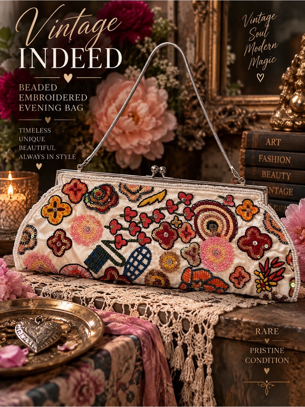 Beaded Embroidered Cream Evening Clutch with Floral Motifs
